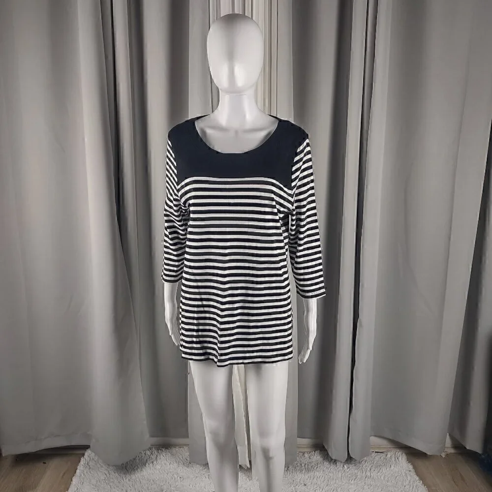 Kim Rogers Black, White Stripe Soft 100% Cotton 3/4 Sleeve Top Blouse Size PXL - Picture 1 of 12